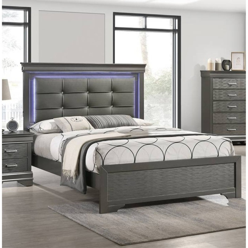 Mobilier de chambre à coucher à finition grise et grand lit 1 pièce à boutons carrés capitonnés à finition grise