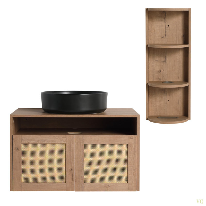 Meuble-lavabo de 30 po avec lavabo d'art en céramique et support de rangement, 2 portes à fermeture douce, conception à fixation flottante, contreplaqué (emballage KD)