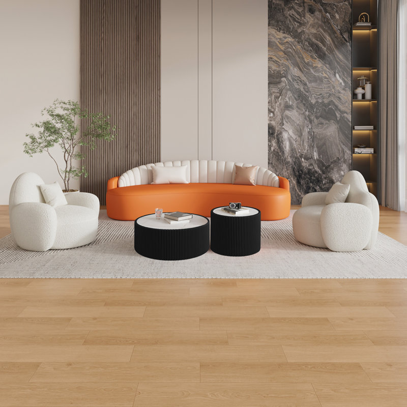 Table de bout moderne en marbre clair avec dessus en cuir cylindrique et canapé pour meubles de salon (table incluse seulement)