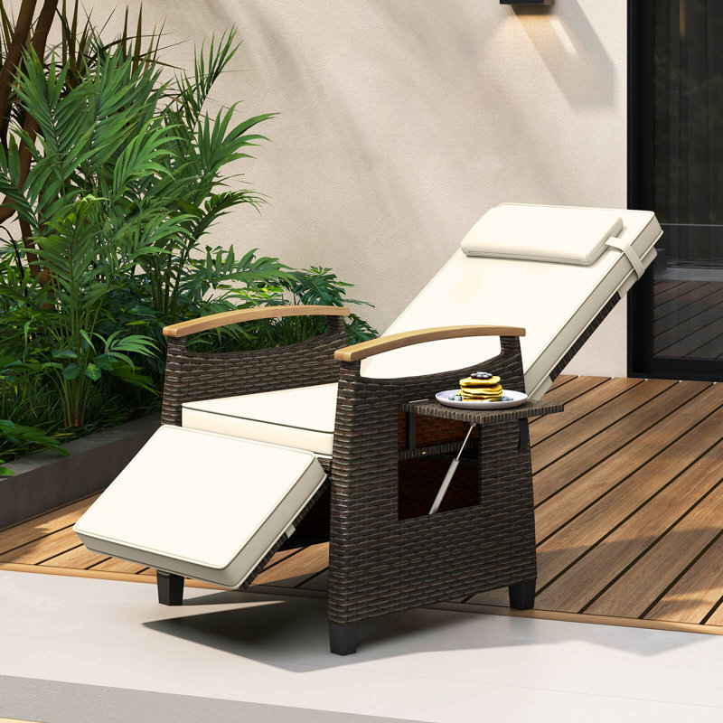 Winston Porter 1 Pcs Patio Wicker Recliner Chair With Adjustable Backrest Footrest Flip Side Table, White