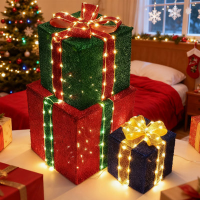 Ensemble de 3 boîtes-cadeaux de Noël lumineuses avec minuterie, boîte à cadeaux à DEL imperméable pour décorations de Noël pour l'intérieur et l'extérieur, ensemble multi-tailles