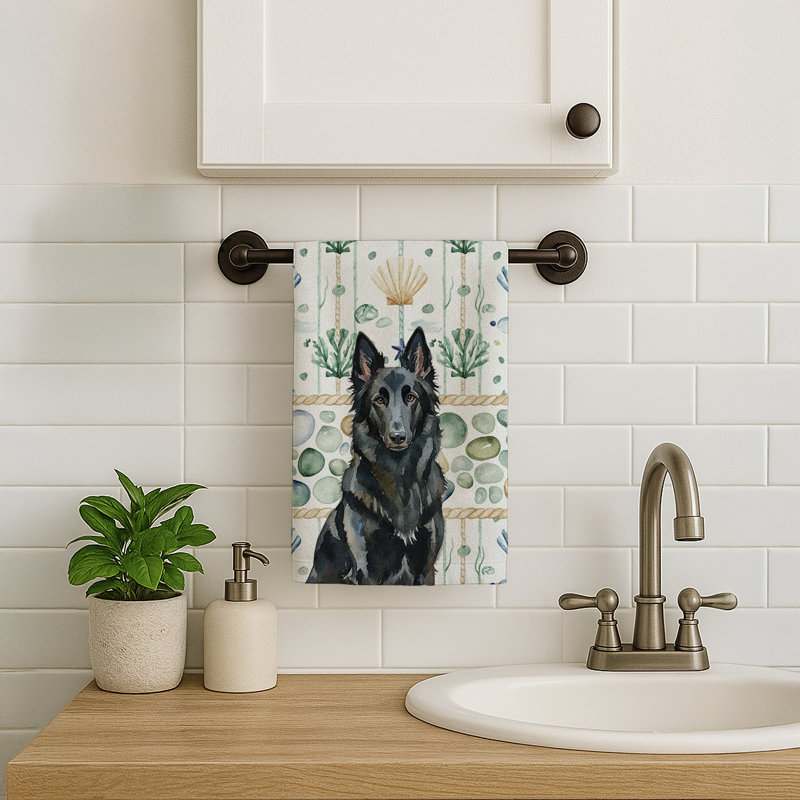 Belgian Sheepdog Groenendael Coastal Sea Glass Kitchen Towel, Belgian Sheepdog Groenendael
