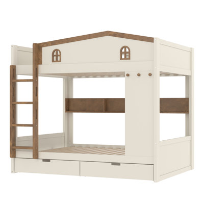 Queen over Queen Wood Bunk Bed with Storage Drawers, Shelves, Side Hooks and No Box Spring Needed, Beige & Natural