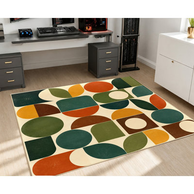 Tapis rétro géométrique lavable à la machine avec envers antidérapant, motif de formes abstraites, décoration intérieure confortable pour salon, chambre, entrée, cuisine, balcon, appartement