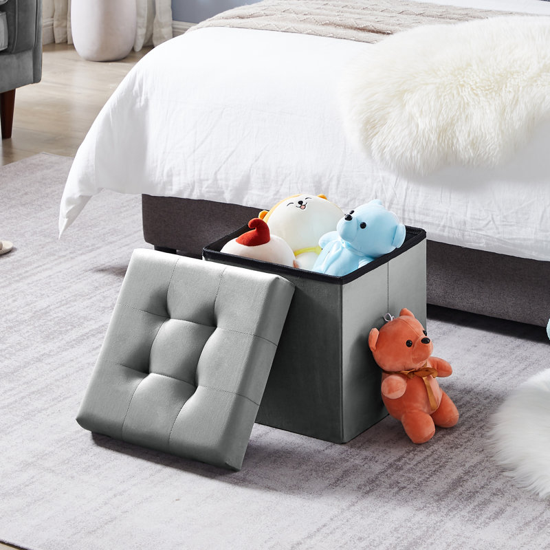 Upholstered Storage Ottoman, Gray Polyester Blend