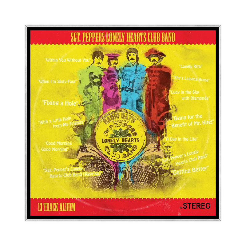 Fab 4 Lonely Hearts Club - publicité imprimée, H 37 po x l 37 po x P 1,5 po, Pas de tapis, Toile avec cadre argenté