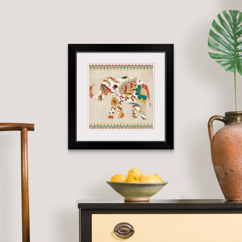 « boho éléphant ii », reproduction d’art, Cadre noir, H 20" x l 20" x P 1"