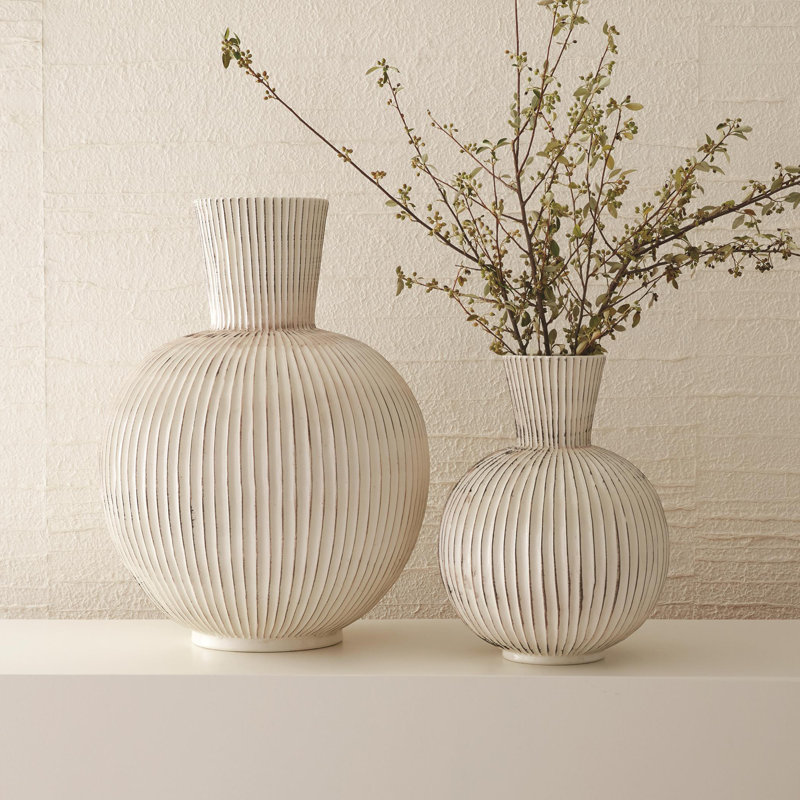 White Ribbed Ceramic Decorative Sphere Vase