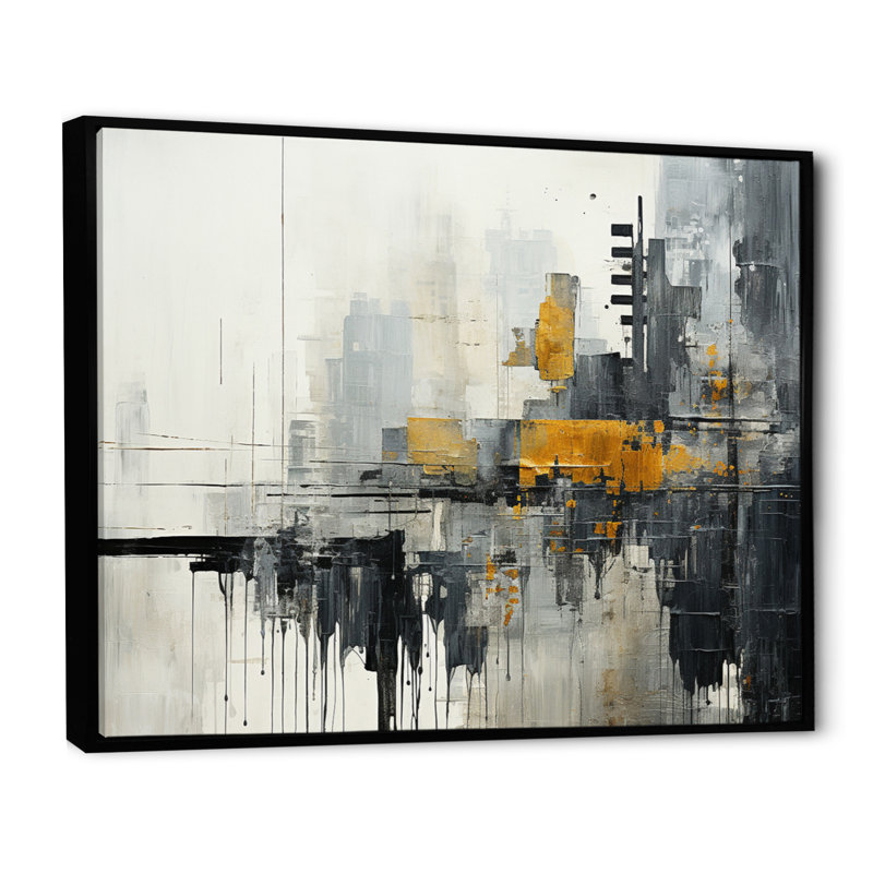 Paysage urbain abstrait III - Collages abstraits, art mural, H 24 po x l 32 po x P 1 po, Cadre flottant noir