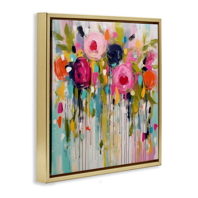 "Paint Drip Roses", art mural encadré par Irena Orlov, Cadre flottant métallique doré, H 18 po x l 18 po