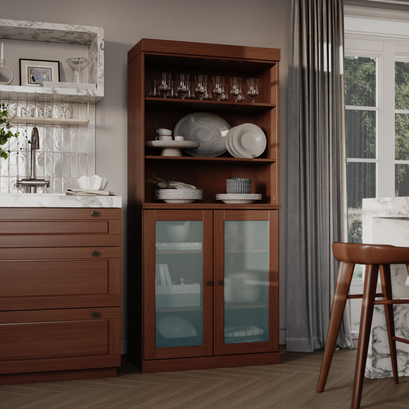 Garde-manger 100% bois massif 32 po avec portes en verre givré et tablettes réglables, Moka