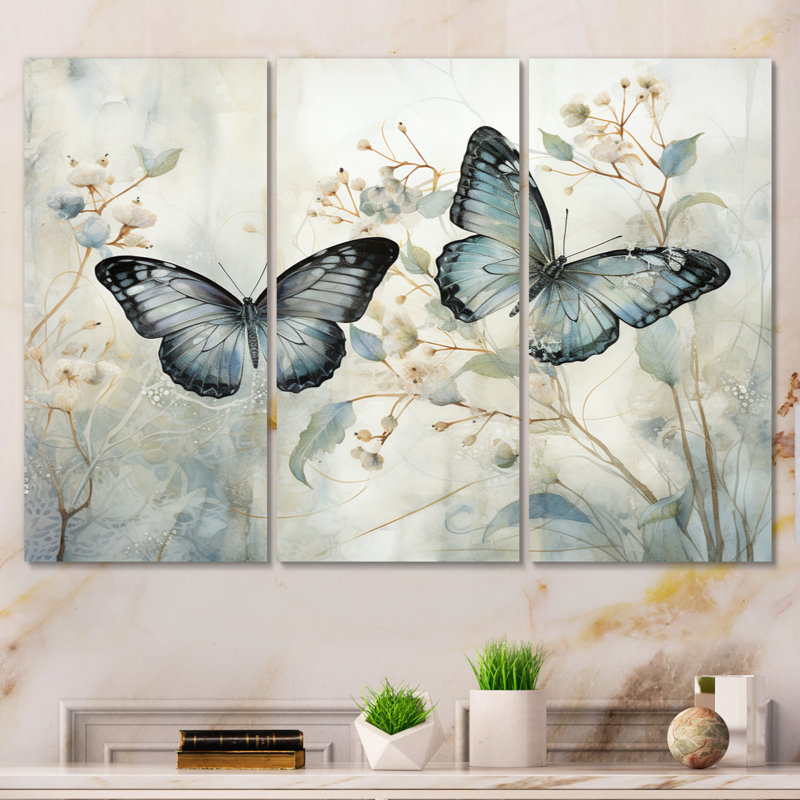 Ailes de papillon bleu et beige de sérénité 3 pièces, H 32 po x l 48 po x P 1 po