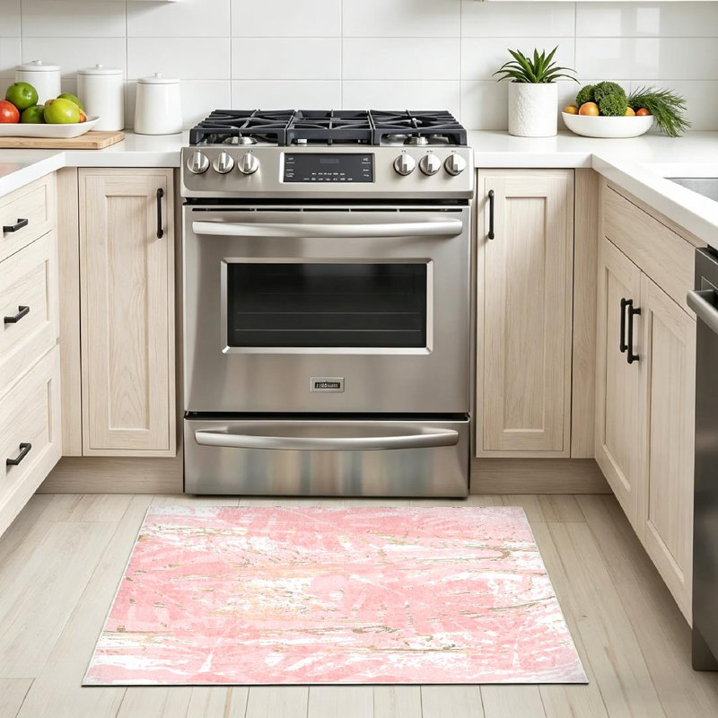 Tapis décoratif doré doré à motif floral rose pastel lavable à la machine, Rectangle 32 po x 47 po