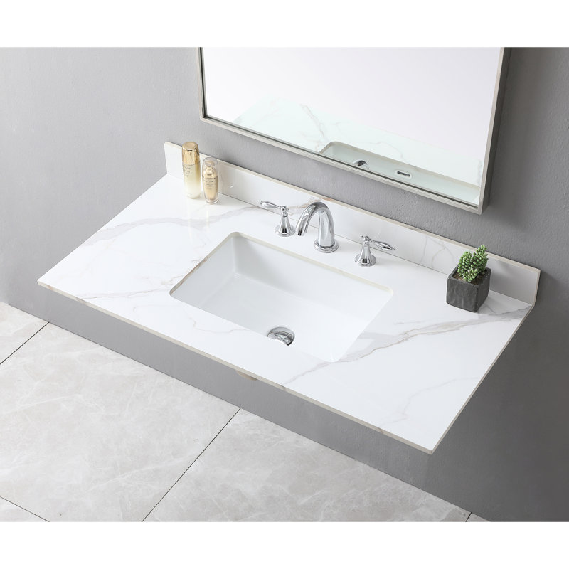 Plateau de meuble-lavabo en pierre frittée 43 x 22 avec 3 trous de robinet et lavabo en céramique de couleur blanche 43 x 22 po