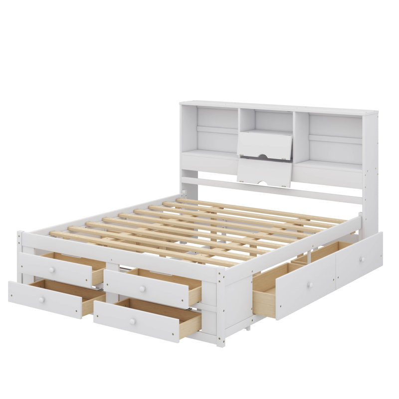 King Size Platform Bed Featuring A Headboard With Storage And An 8-Drawer Setup, White, King