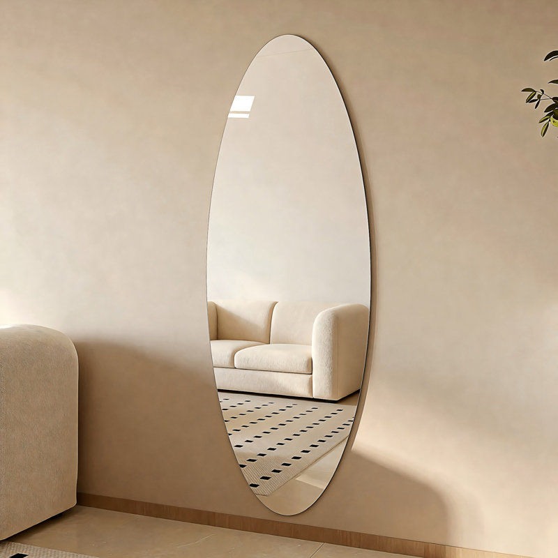 63" X 24" Modern Oval Full Length Wall Mirror, HD Copper-Free Silver Glass, Shatterproof & Moisture-Resistant, Vertical Hanging Or Adhesive Mount, Bedroom & Salon