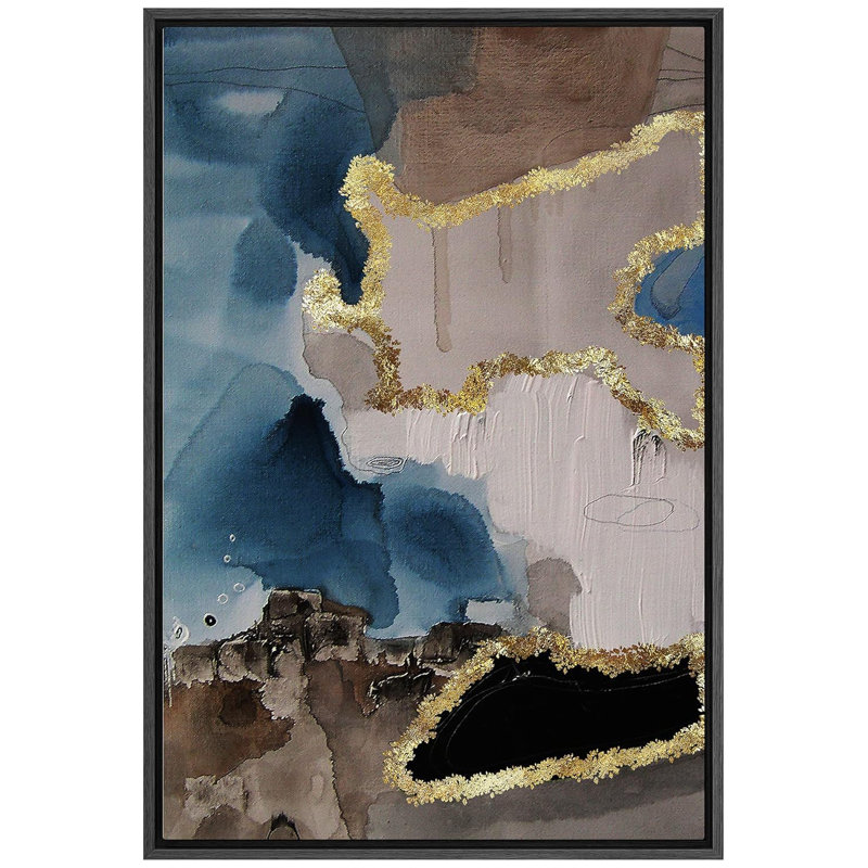 Collage aquarelle abstrait gris et bleu abstrait avec feuille d'or, Noir, H 24 po x l 16 po x P 1,5 po