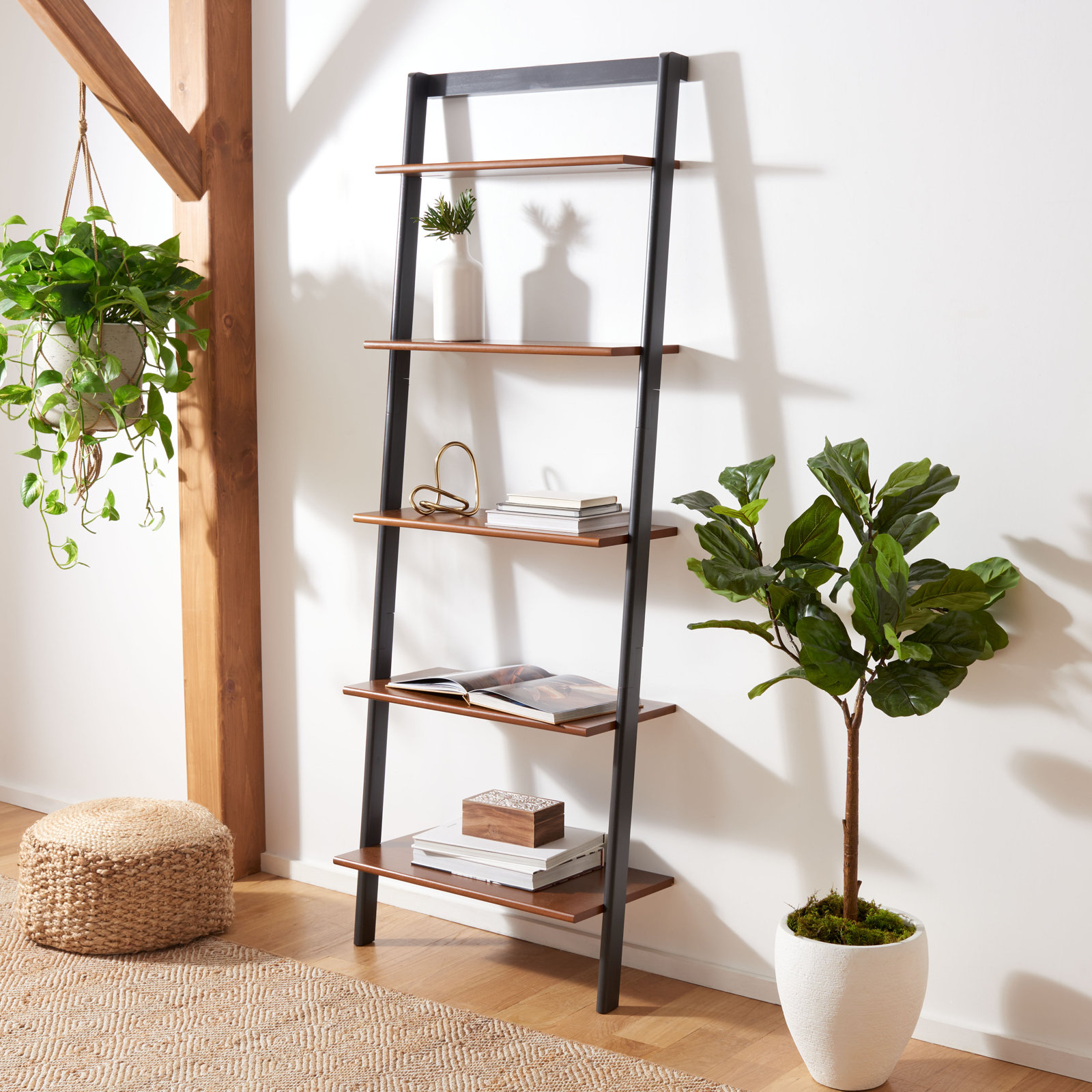 Joe Ladder Bookcase, Honey Brown/Charcoal, 76" H x 28" W x 14" D