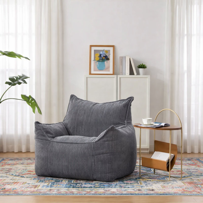 Modern Compression 39"W Oversized Corduroy Bean Bag Chair Filled with Memory Sponge, Dark Gray Corduroy