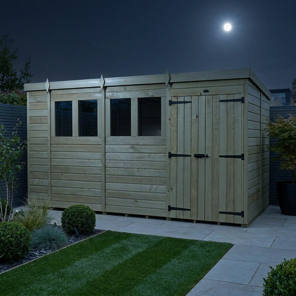 Total Sheds 15ft x 8ft Pent Garden Shed - Double Door - With Windows - Pressure Treated Timber - UK Manufactured