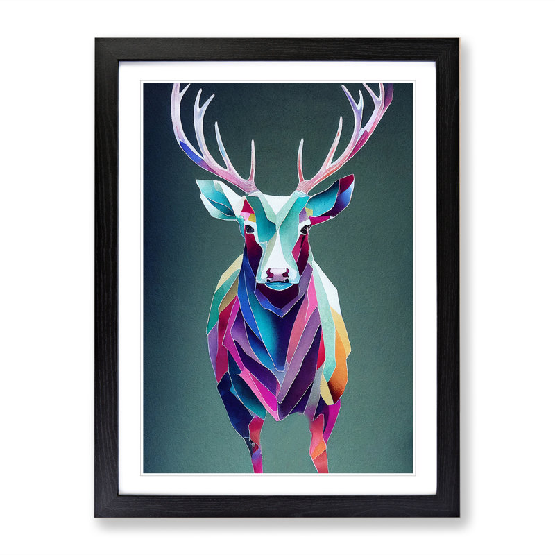 Colourful Stag Geometric Abstract - Single Picture Frame Print, Black, 64cm H x 46cm W x 2cm D