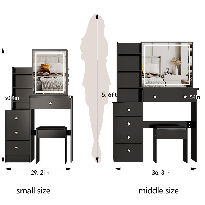 Small Sized Vanity Table With Led Mirror, Adjustable Brightness & Three Color Choices, Cushioned Stool, Space Optimizing Furniture Left Bedside Cabinet Comfortable Seat Touchable 3 Options
