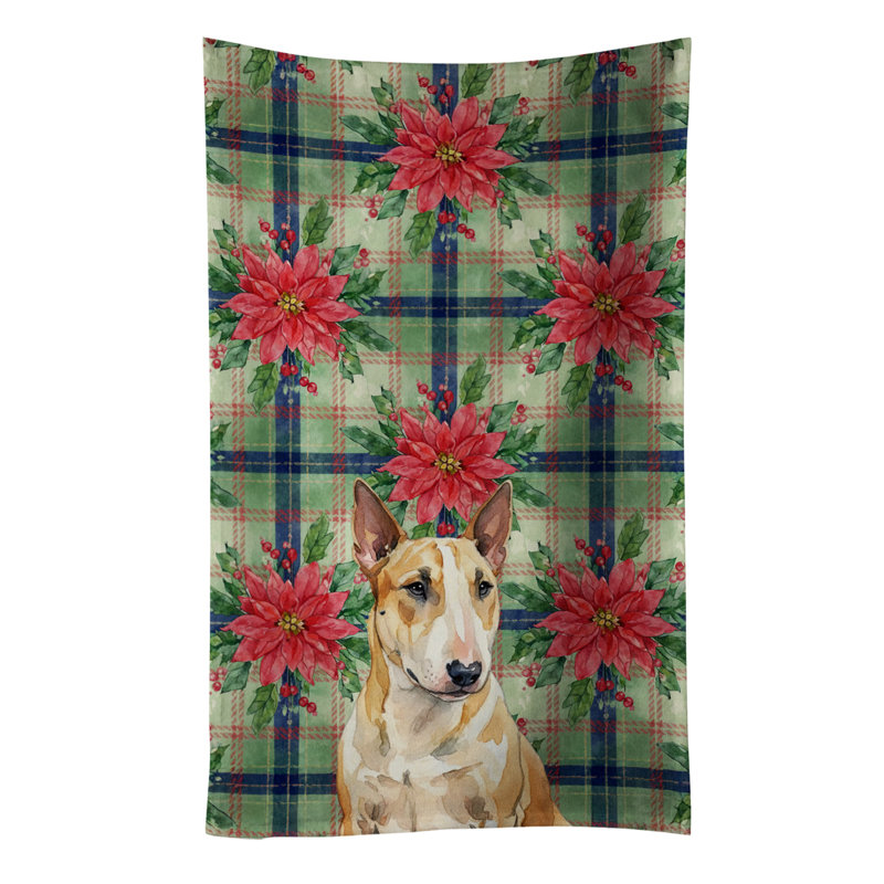 Miniature Bull Terrier Christmas PoinsettIas Kitchen Towel, White/Tan Miniature Bull Terrier