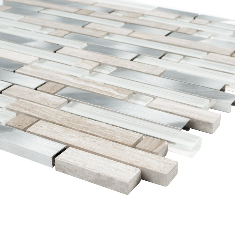 Carrelage mosaïque emboîtable en verre brillant 11,82 po x 12,01 po Sliver Brick, Blanc / beige / argent
