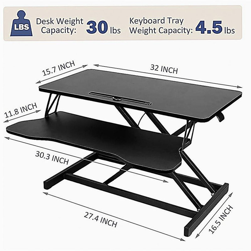 32-inch desk lift with adjustable height, dual monitor and laptop workstation, with wide keyboard tray, Black