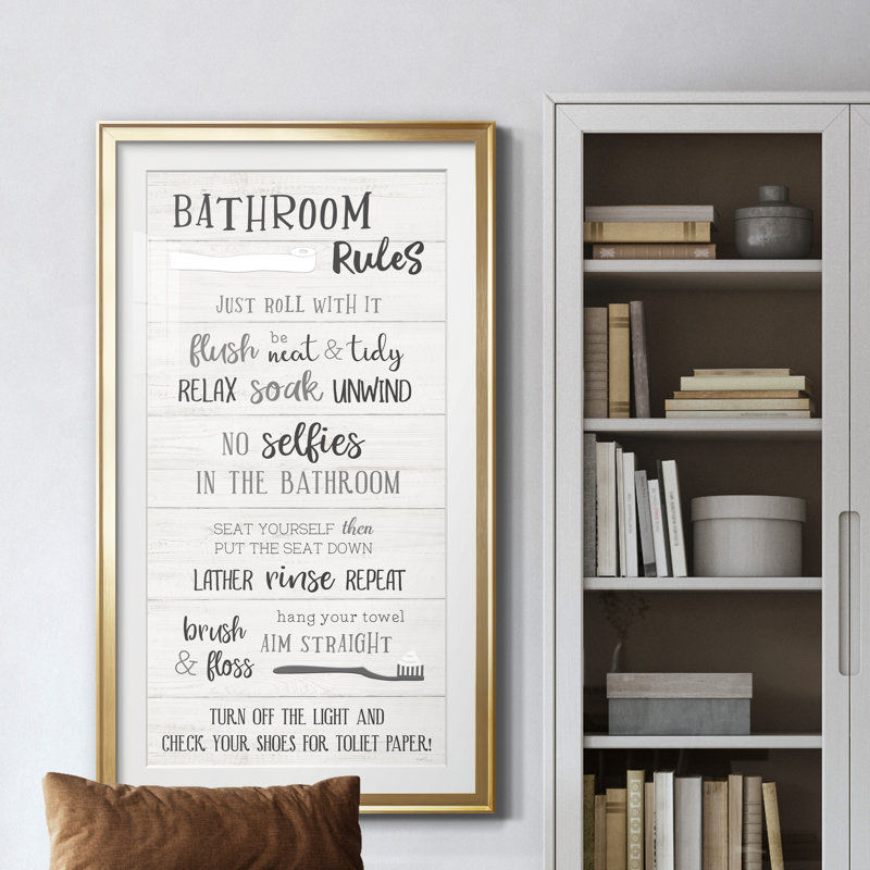 "Bathroom Rules" - Art textuel avec cadre photo, Doré, H 14,5 po x l 26,5 po x P 1,5 po