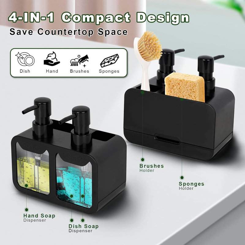 Distributeur de savon à vaisselle et de savon à main pour évier de cuisine, ensemble de distributeur de savon avec support à éponge et porte-brosse, organisateur pour comptoir d'évier de cuisine, noir