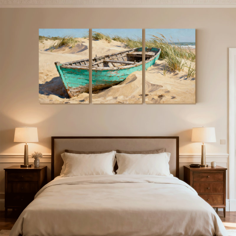 Nautique et plage, vieux bateau sur une plage de sable avec dunes, ensemble de 3 impressions sur toile, L 24 po x l 48 po