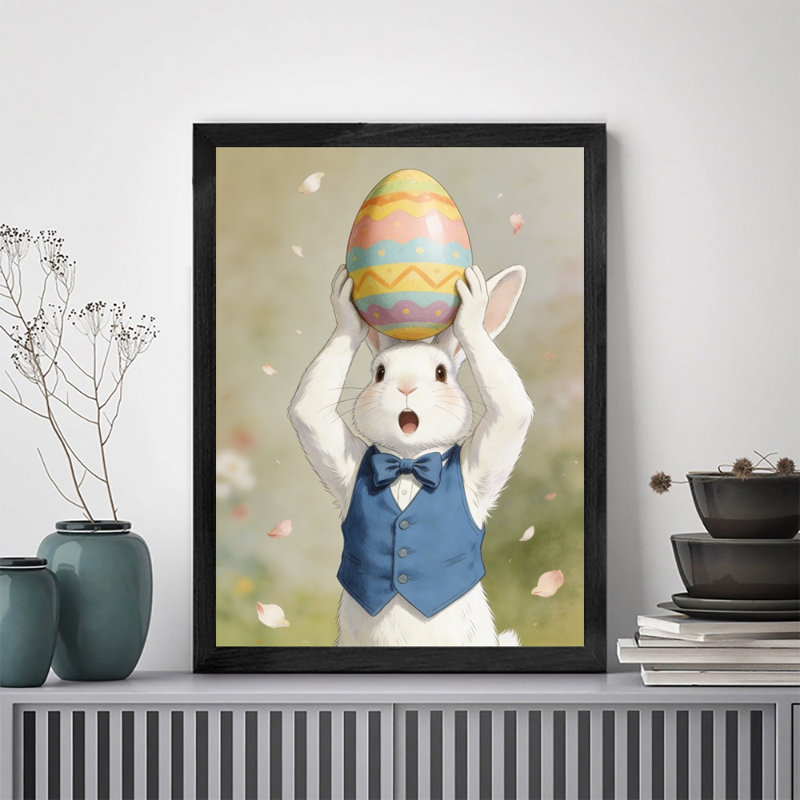 Oeuvre encadrée noire minimaliste prête à être suspendue Lapin blanc portant un gilet bleu, H 37 po x l 25 po