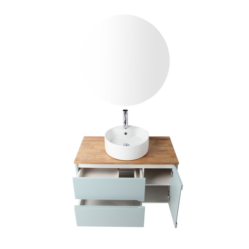 Meuble-lavabo mural bleu de 36 pouces: double tiroir, porte simple, plateau en bois massif, lavabo rond en céramique, tiroir avec rangement pratique et armoire avec miroir, conception moderne et naturelle avec