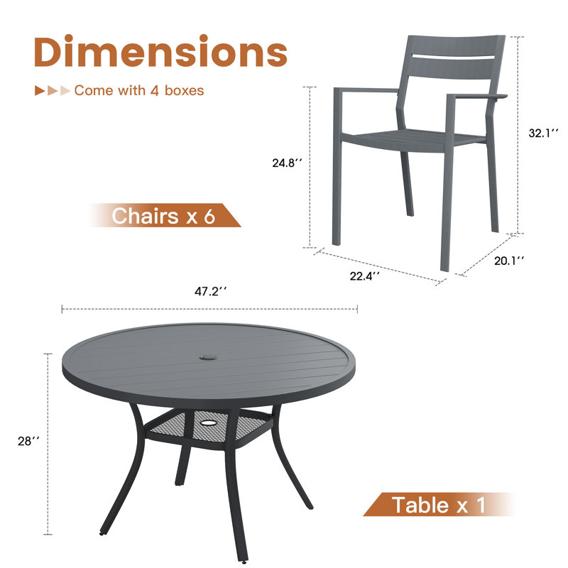 Round Patio Dining Set with 48" Round Metal Dining Table and 6 Metal Armrest Dining Chairs, Gray/Gray/Gray