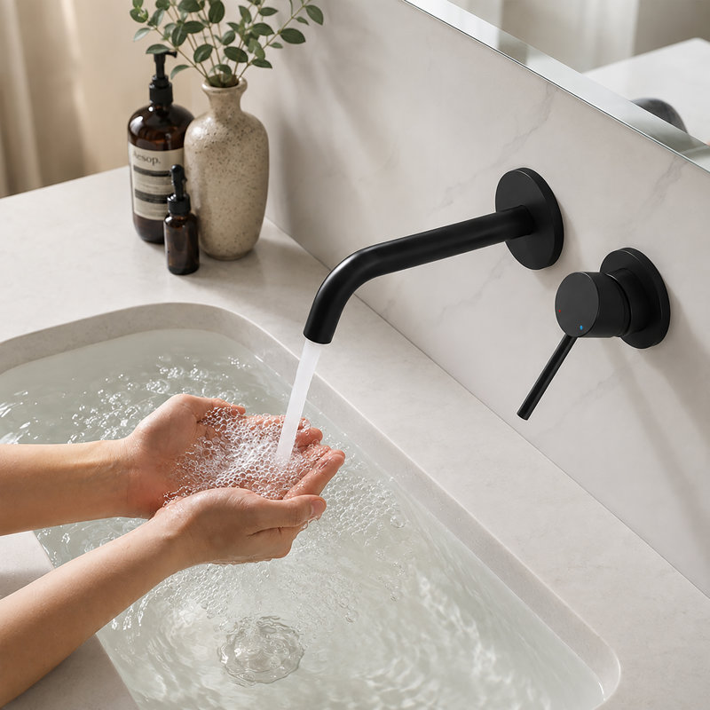 Weshi Matte Black Wall Mount Single Handle Bathroom Basin Faucet, Curved Spout Vanity Sink Tap with Concealed Rough-in Valve & Long-Life Ceramic Cartridge