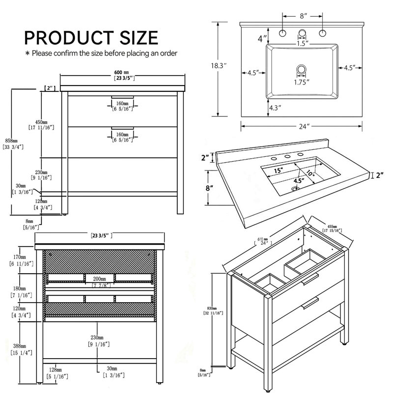 Meuble-lavabo autoportant de 24 po avec lavabo et tiroir à fermeture en douceur, Grey, 24"