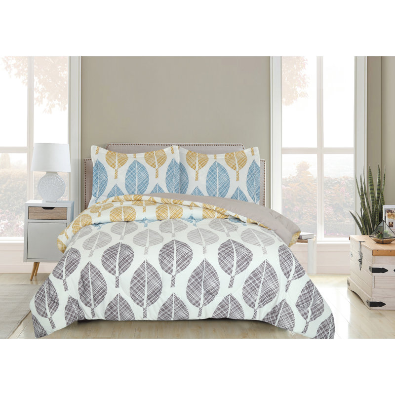 Marina Decoration Home Decor Bedding Comforters Duvet Soft Fluffy Goose Down Alternative Bed In A Bag 7 Piece Printed Comforter Set with 4 Piece Sheet Set, Modern Colorful Leaves Pattern King Size
