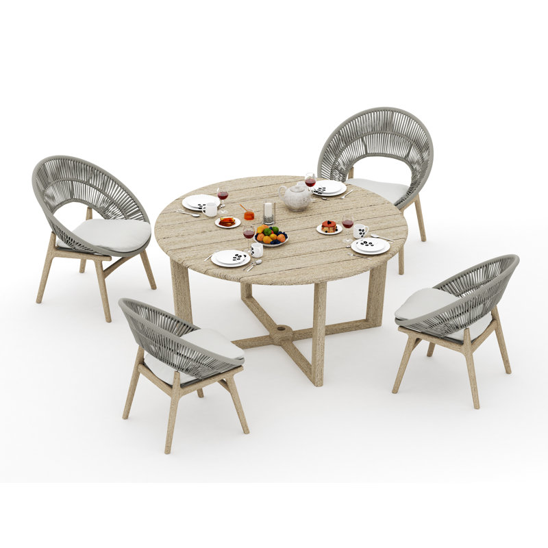 5 Pcs Grade-A Weathered Teak Wood Dining Set: 60" Sema Round Table And 4 Robas Arm Chairs #11Ro3504, 4