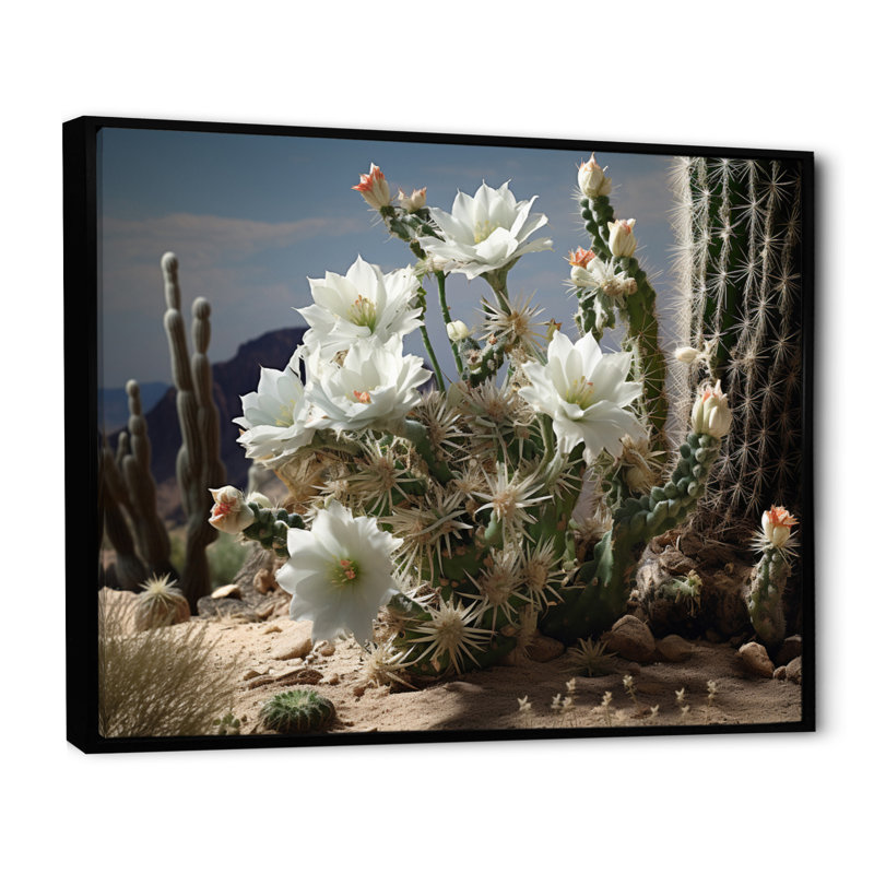 «Malaina White Green Cactus Desert Blooms - Cactus», reproduction sur toile, H 12 po x l 20 po x P 1 po, Cadre flottant noir