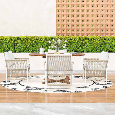 Ensemble de salle à manger d'extérieur rond 5 pièces avec table en bois d'acacia et 4 fauteuils rembourrés en rotin