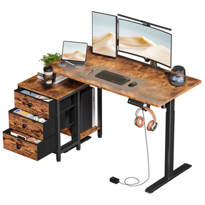 REAHOME 48 Inch Stangding Desk with File Drawers and Charging Station, Rustic Brown