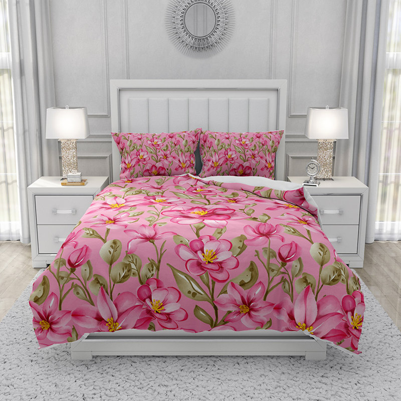 Ensemble de housse de couette en microfibre rose et vert 3 pièces, Housse de couette grand et 2 taies décoratives
