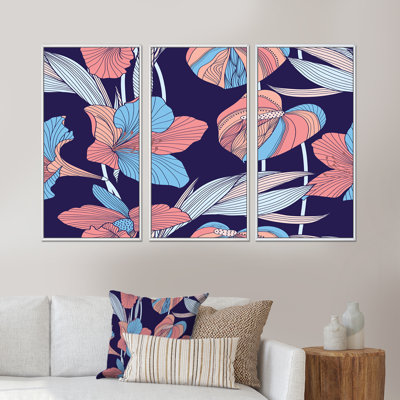 «Pink and Blue Vintage Foliage», ensemble d'art mural sur toile encadré traditionnel