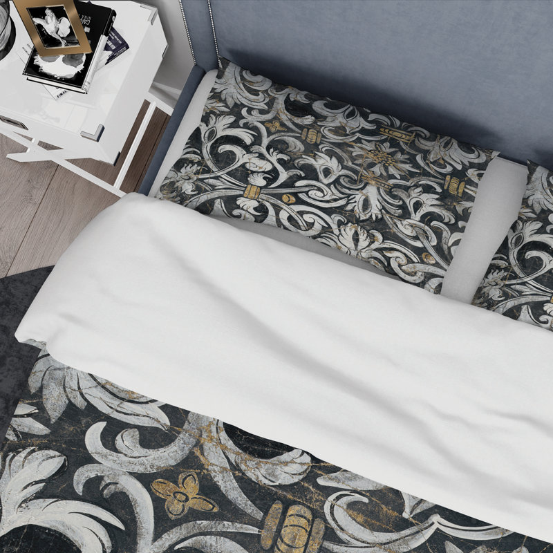 Ensemble de housse de couette or métallique et floral - Polyester microfibre