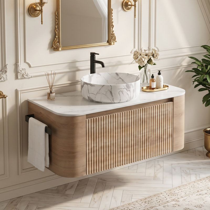 Meuble-lavabo mural simple 36 po avec plateau en marbre 36 po, Chêne