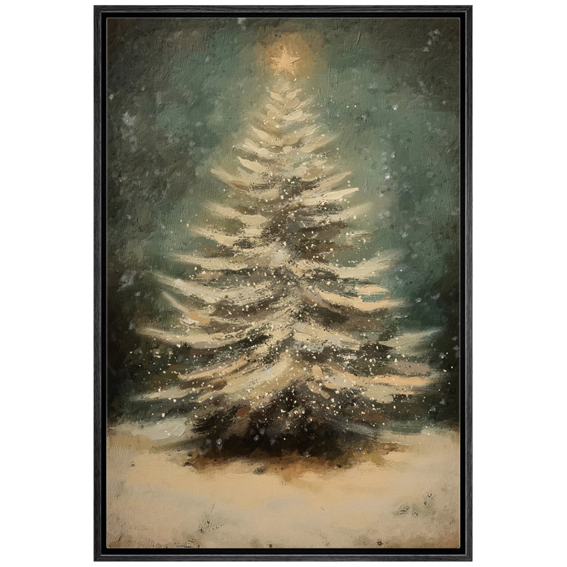 Reproduction d'art sur toile rétro, pin vert de Noël, neige, hiver, vacances, H 24 po x l 16 po, Cadre flottant noir