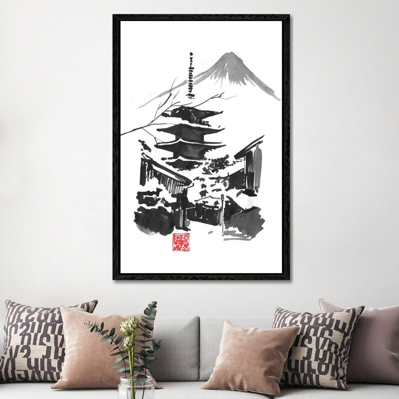 Fuji San And Temple by Péchane - Print on Canvas, 152.5 cm H x 101.5 cm W, Black Framed