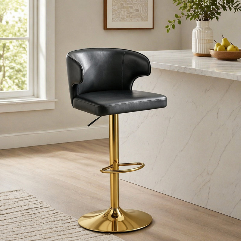 Chaise de bar moderne et rotative réglable, chaise pivotante avec dossier en cuir de polyuréthane, Black/Gold, 4, 33.8