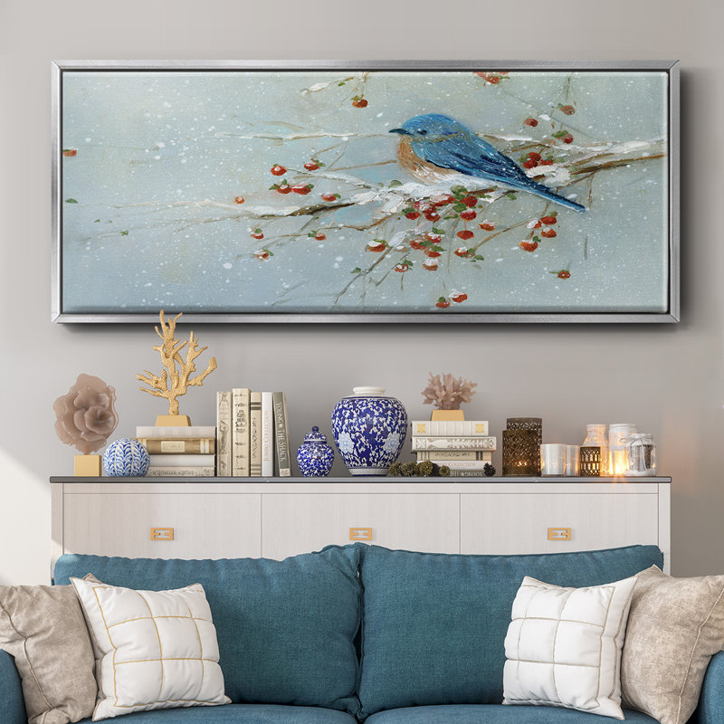 Oiseau bleu en hiver - toile encadrée, H 20 po x l 50 po